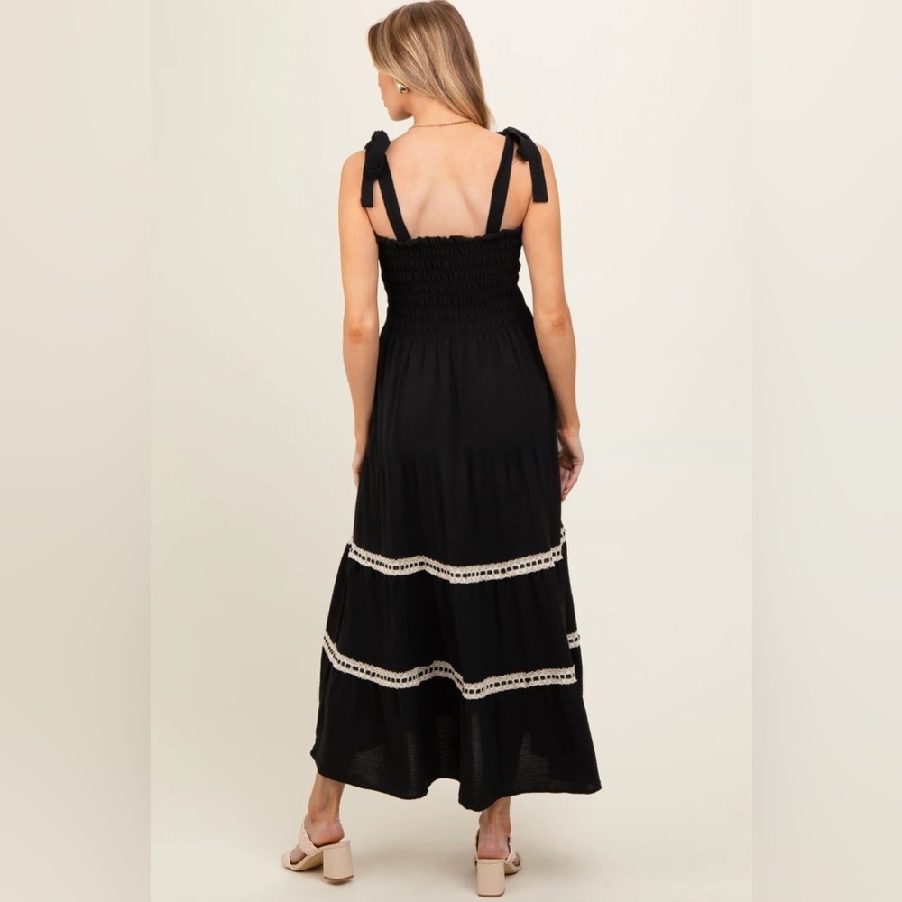 NWT Signify Black Smocked Maxi Dress Coquette Boho Ribbon & Lace Tiered Sundress - Picture 2 of 11